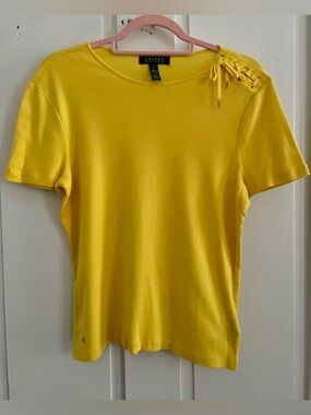 LAUREN Ralph Lauren Bright Yellow Lace-Up Shoulder Short Sleeve Tee